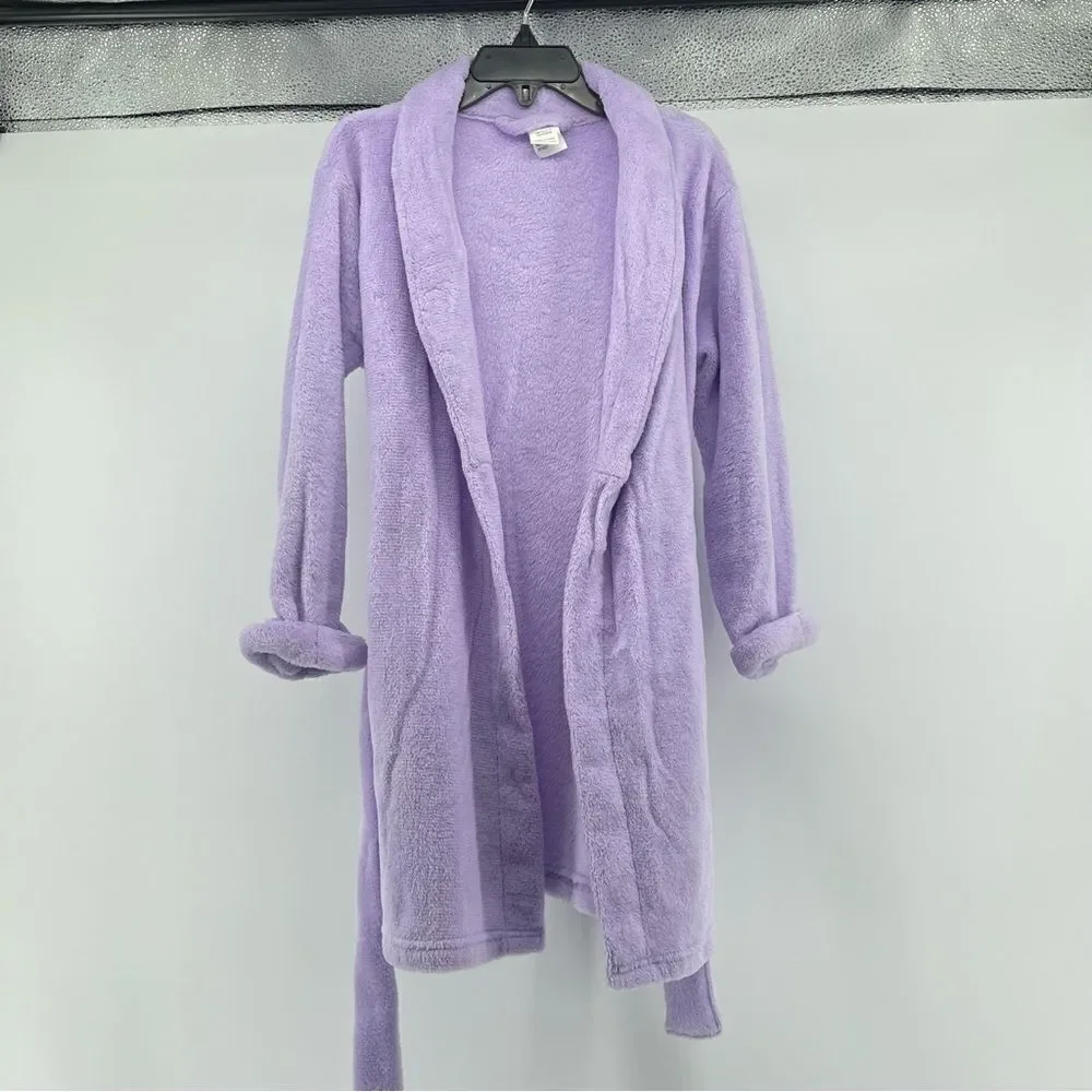 Sol Sleep Girl’s Purple Plush Fleece Open Front Belted Long Sleeve Robe Size 6